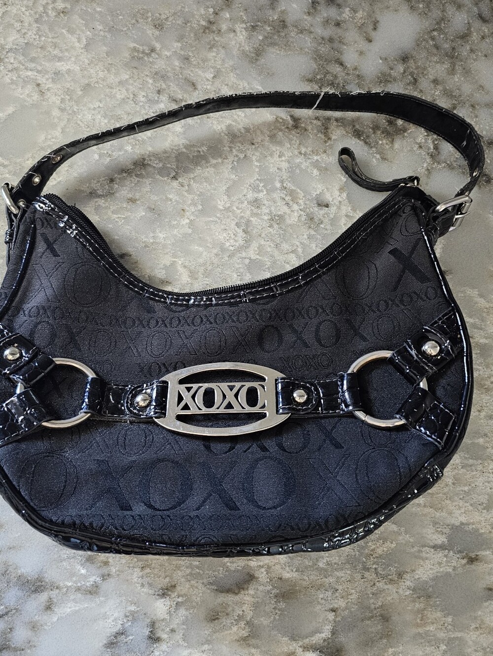Vintage Y2K XOXO Monogram Hobo Shoulder Bag Black - Distressed/Damaged Strap